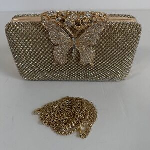 Gold‎ Rhinestone Clutch Butterfly Evening Bag Sparkly Formal Wedding Prom Glam
